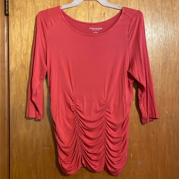 •SOFT SURROUNDINGS•CORAL, 3/4 SLEEVE RUCHING, SCOOPNECK BLOUSE SIZE LARGE - Picture 3 of 8